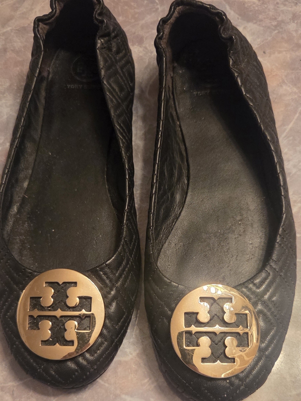Tory Burch Black Quilted Leather Ballet Flats with Gold Logo